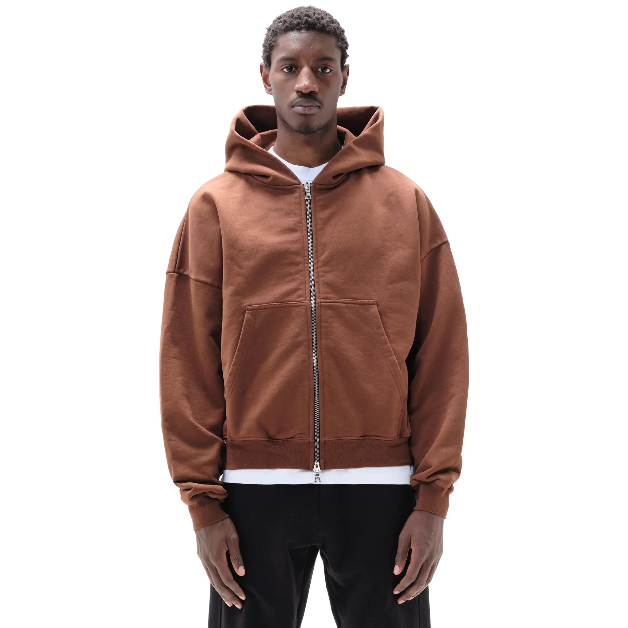 Model Front View of Summit Heavyweight Brown Zip-Up Hoodie 63570000